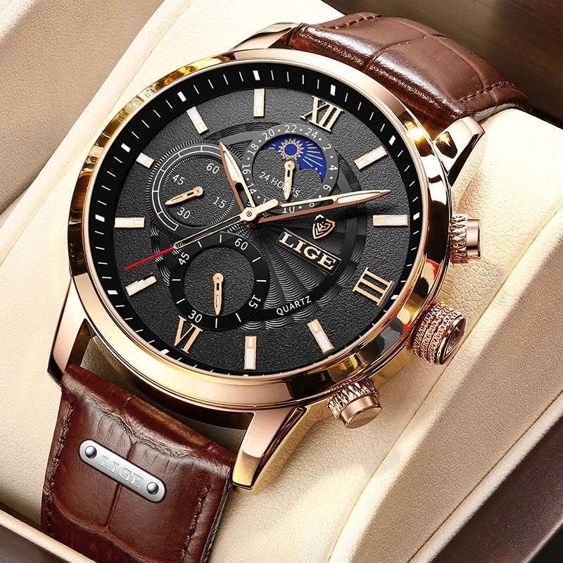 LIGE 2025 Luxury Chronograph – Quartz Movement, Moon Phase, Leather Strap, Sapphire-Coated Glass, 43mm Waterproof Dress Watch