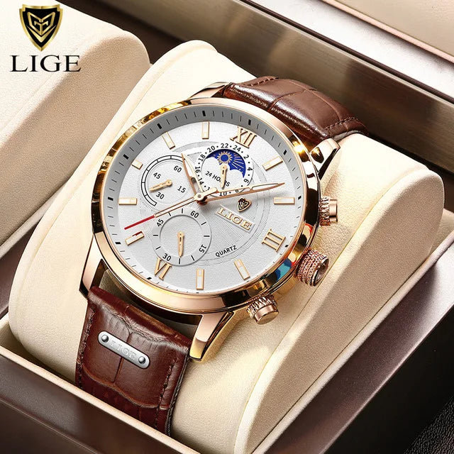 LIGE 2025 Luxury Chronograph – Quartz Movement, Moon Phase, Leather Strap, Sapphire-Coated Glass, 43mm Waterproof Dress Watch