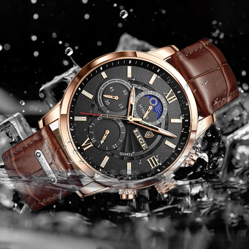 LIGE 2025 Luxury Chronograph – Quartz Movement, Moon Phase, Leather Strap, Sapphire-Coated Glass, 43mm Waterproof Dress Watch