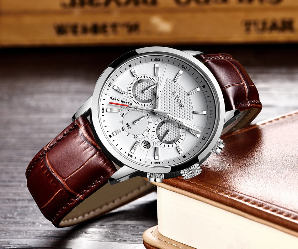LIGE 2025 Luxury Chronograph – Quartz Movement, Moon Phase, Leather Strap, Sapphire-Coated Glass, 43mm Waterproof Dress Watch