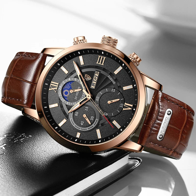 LIGE 2025 Luxury Chronograph – Quartz Movement, Moon Phase, Leather Strap, Sapphire-Coated Glass, 43mm Waterproof Dress Watch