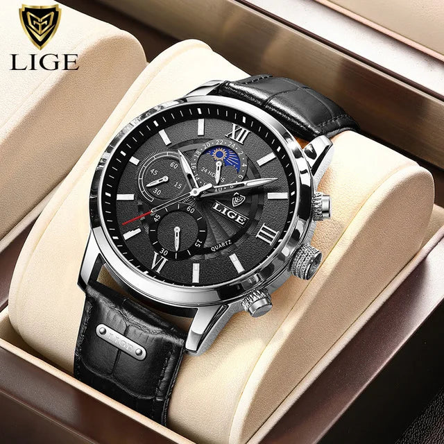 LIGE 2025 Luxury Chronograph – Quartz Movement, Moon Phase, Leather Strap, Sapphire-Coated Glass, 43mm Waterproof Dress Watch