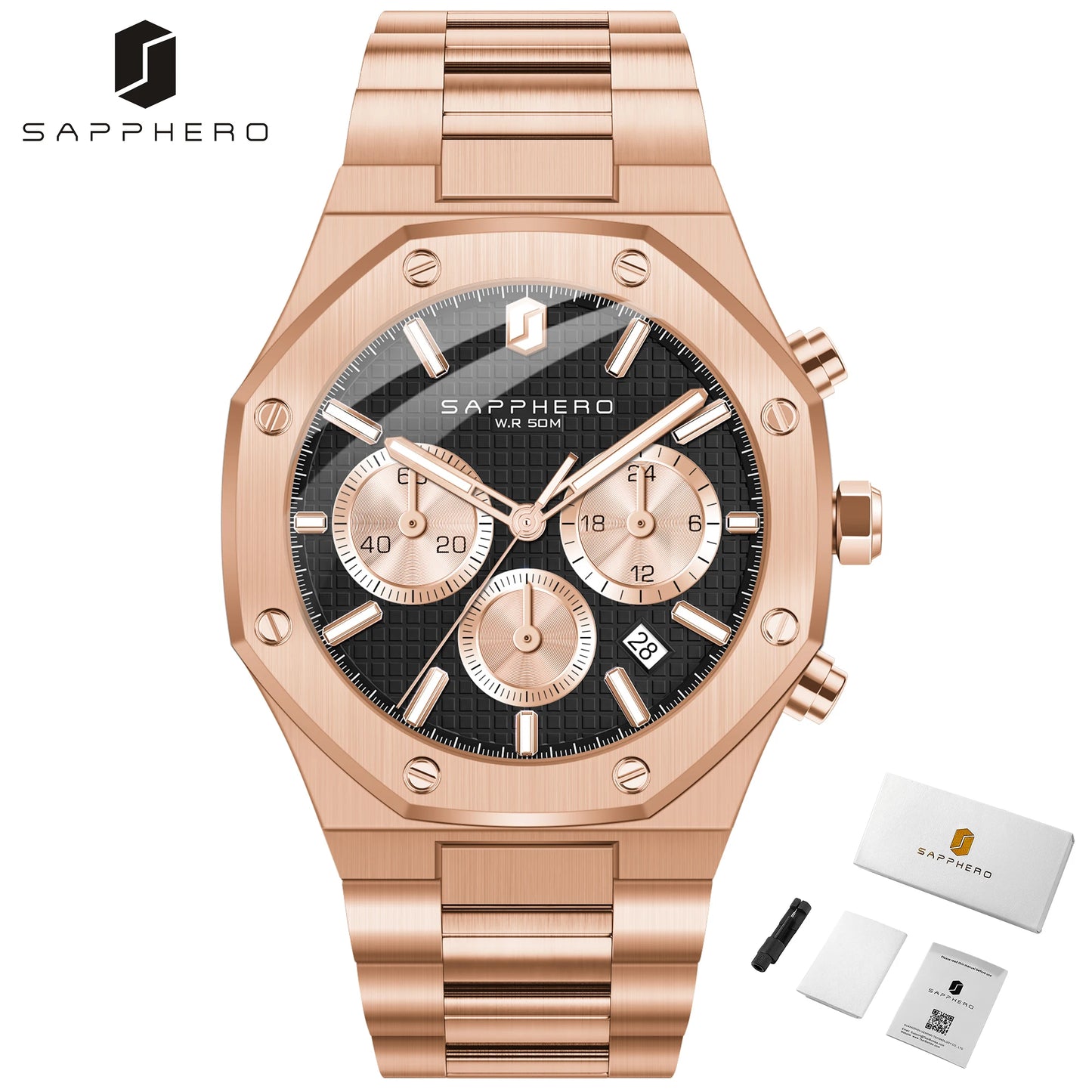 SAPPHERO Men's Watch Waterproof watch Chronograph function Date Glowing Hands Stainless Steel Watch Business Watch For Men Gift