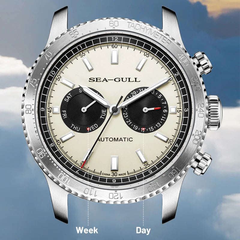 Sea-Gull 6177 – 2025 Automatic Panda Dial Pilot Watch, GMT Dual Calendar, Tachymeter, 43mm Sapphire Crystal
