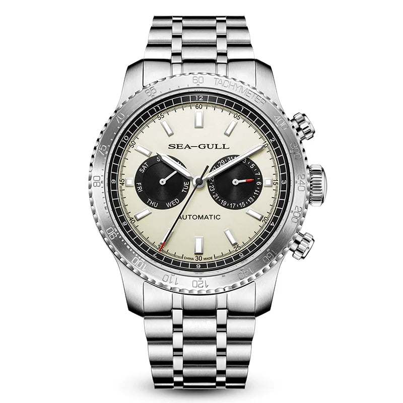 Sea-Gull 6177 – 2025 Automatic Panda Dial Pilot Watch, GMT Dual Calendar, Tachymeter, 43mm Sapphire Crystal