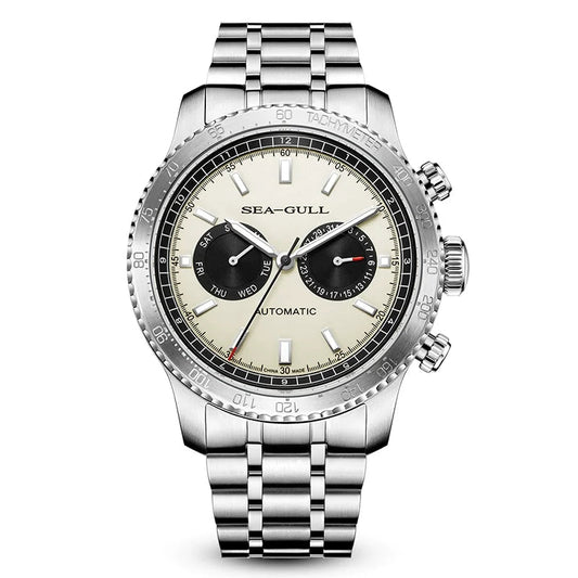 Sea-Gull 6177 – 2025 Automatic Panda Dial Pilot Watch, GMT Dual Calendar, Tachymeter, 43mm Sapphire Crystal