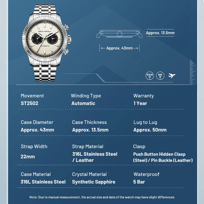 Sea-Gull 6177 – 2025 Automatic Panda Dial Pilot Watch, GMT Dual Calendar, Tachymeter, 43mm Sapphire Crystal