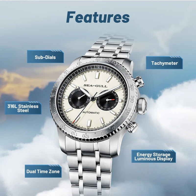 Sea-Gull 6177 – 2025 Automatic Panda Dial Pilot Watch, GMT Dual Calendar, Tachymeter, 43mm Sapphire Crystal
