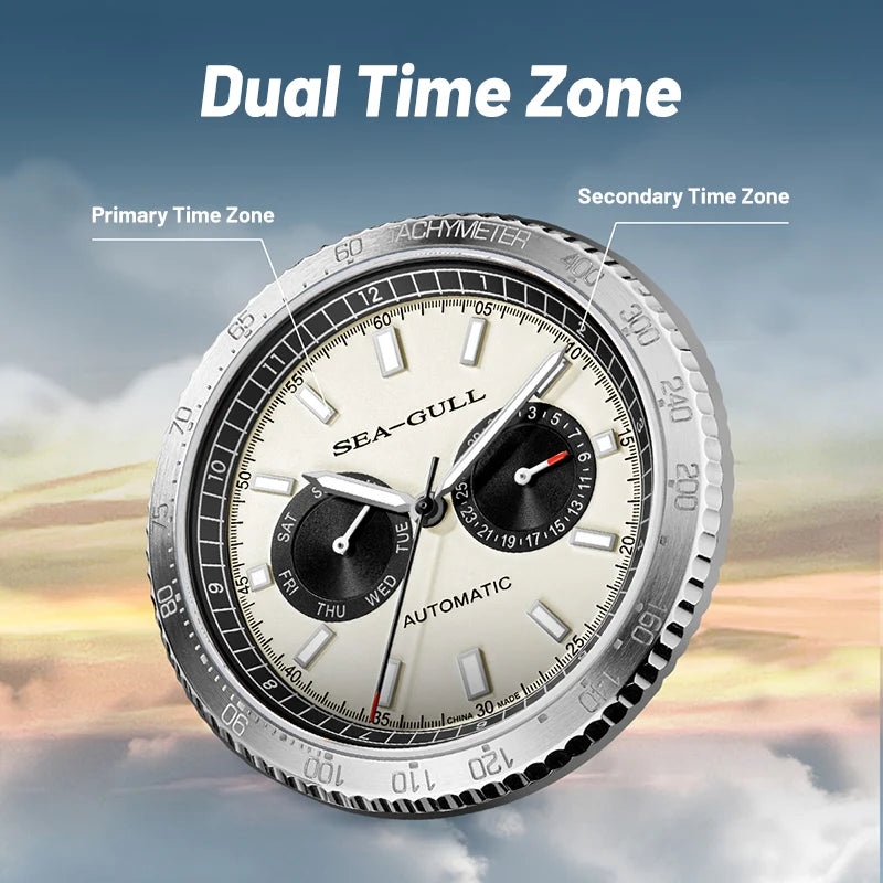 Sea-Gull 6177 – 2025 Automatic Panda Dial Pilot Watch, GMT Dual Calendar, Tachymeter, 43mm Sapphire Crystal
