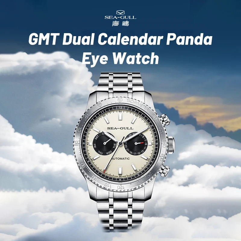 Sea-Gull 6177 – 2025 Automatic Panda Dial Pilot Watch, GMT Dual Calendar, Tachymeter, 43mm Sapphire Crystal