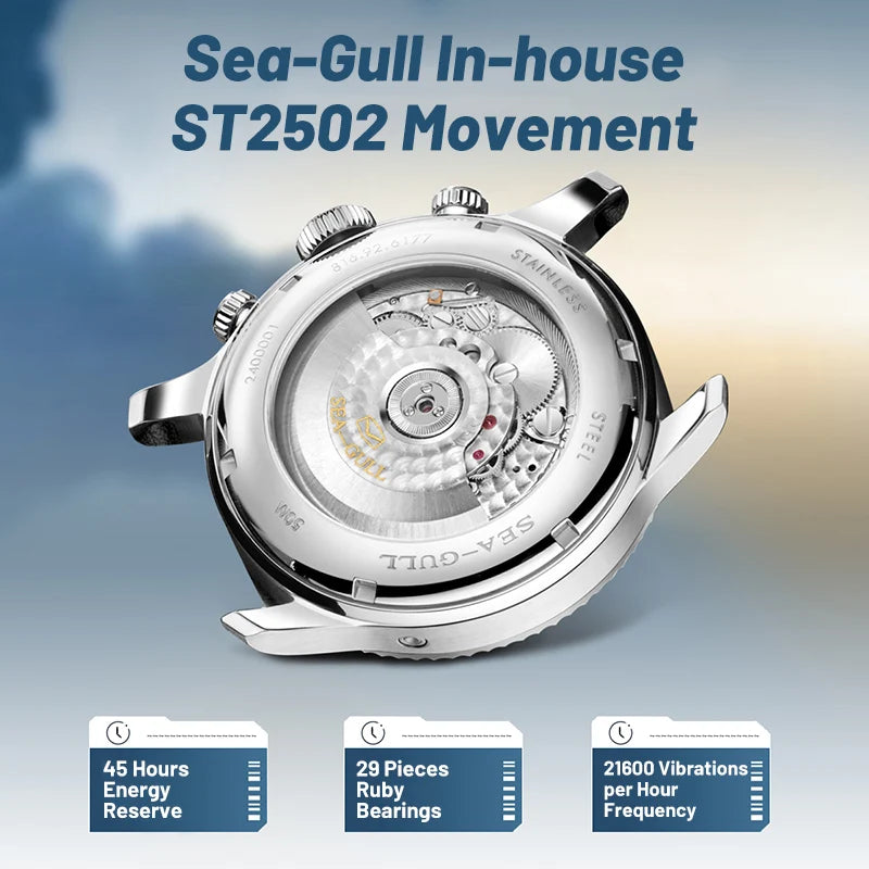 Sea-Gull 6177 – 2025 Automatic Panda Dial Pilot Watch, GMT Dual Calendar, Tachymeter, 43mm Sapphire Crystal