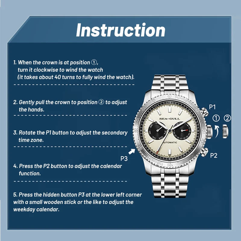 Sea-Gull 6177 – 2025 Automatic Panda Dial Pilot Watch, GMT Dual Calendar, Tachymeter, 43mm Sapphire Crystal