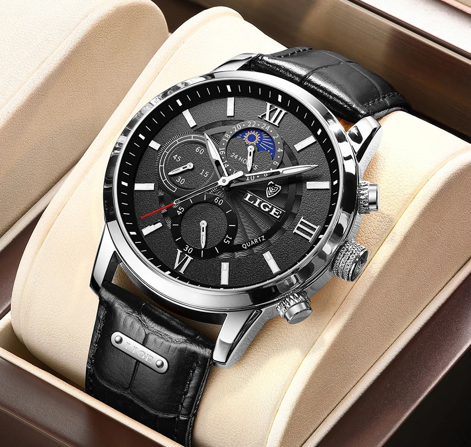 LIGE 2025 Luxury Chronograph – Quartz Movement, Moon Phase, Leather Strap, Sapphire-Coated Glass, 43mm Waterproof Dress Watch