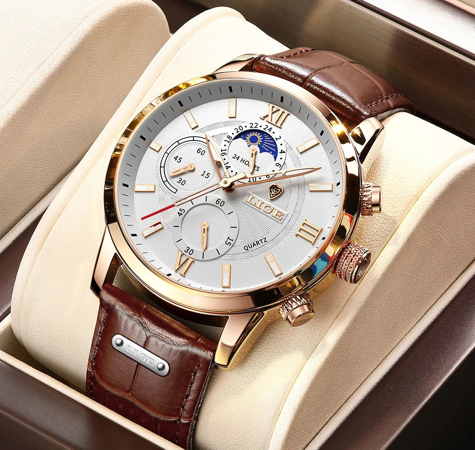 LIGE 2025 Luxury Chronograph – Quartz Movement, Moon Phase, Leather Strap, Sapphire-Coated Glass, 43mm Waterproof Dress Watch