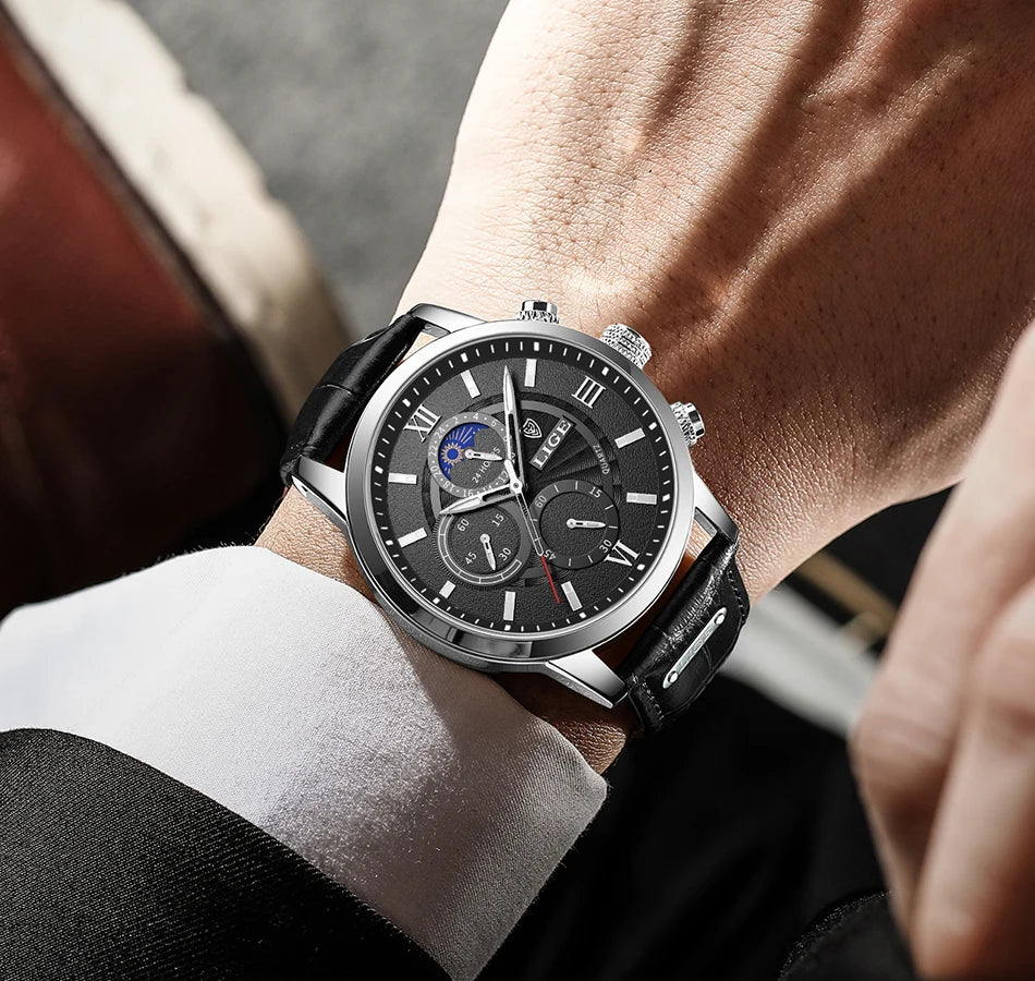 LIGE 2025 Luxury Chronograph – Quartz Movement, Moon Phase, Leather Strap, Sapphire-Coated Glass, 43mm Waterproof Dress Watch