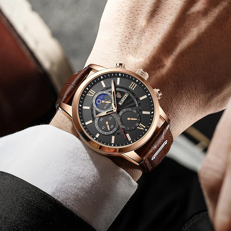 LIGE 2025 Luxury Chronograph – Quartz Movement, Moon Phase, Leather Strap, Sapphire-Coated Glass, 43mm Waterproof Dress Watch