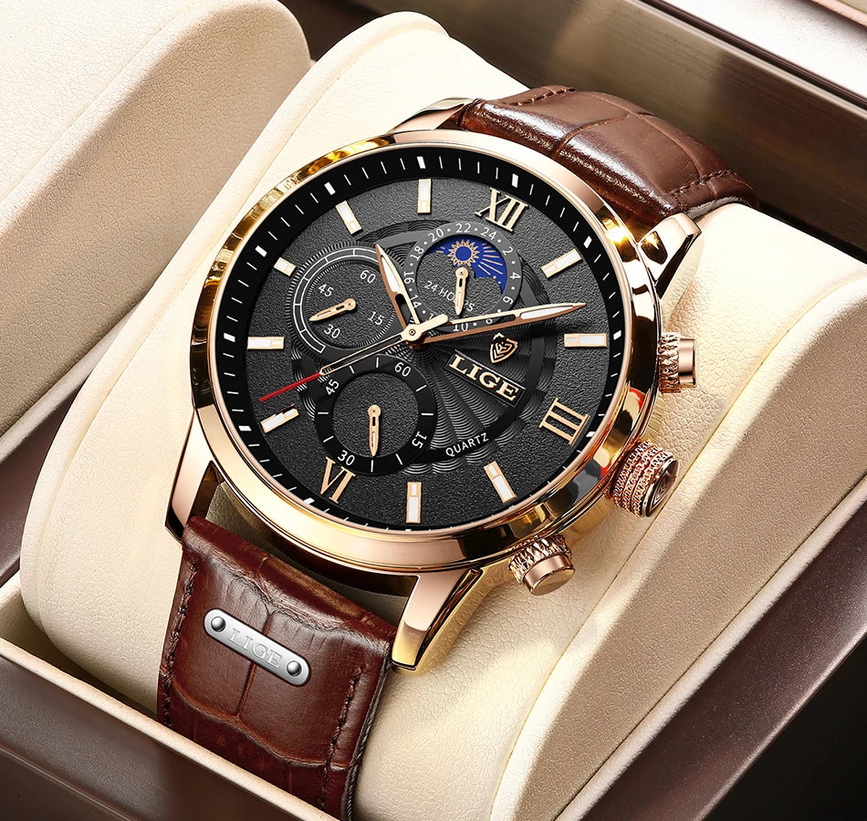 LIGE 2025 Luxury Chronograph – Quartz Movement, Moon Phase, Leather Strap, Sapphire-Coated Glass, 43mm Waterproof Dress Watch