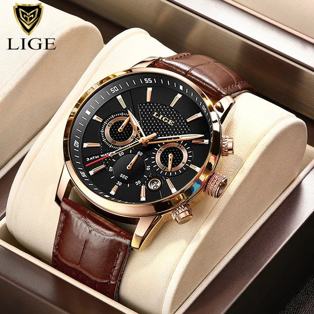 LIGE 2025 Luxury Chronograph – Quartz Movement, Moon Phase, Leather Strap, Sapphire-Coated Glass, 43mm Waterproof Dress Watch