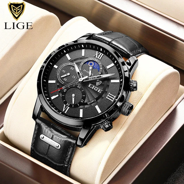 LIGE 2025 Luxury Chronograph – Quartz Movement, Moon Phase, Leather Strap, Sapphire-Coated Glass, 43mm Waterproof Dress Watch