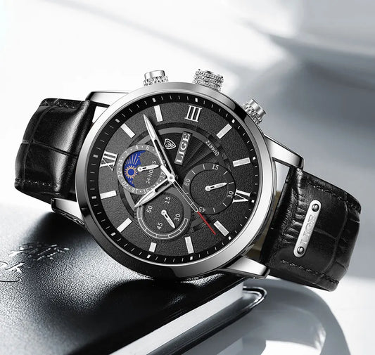 LIGE 2025 Luxury Chronograph – Quartz Movement, Moon Phase, Leather Strap, Sapphire-Coated Glass, 43mm Waterproof Dress Watch