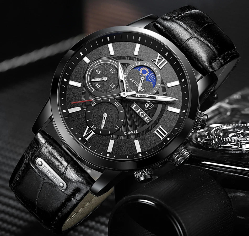 LIGE 2025 Luxury Chronograph – Quartz Movement, Moon Phase, Leather Strap, Sapphire-Coated Glass, 43mm Waterproof Dress Watch