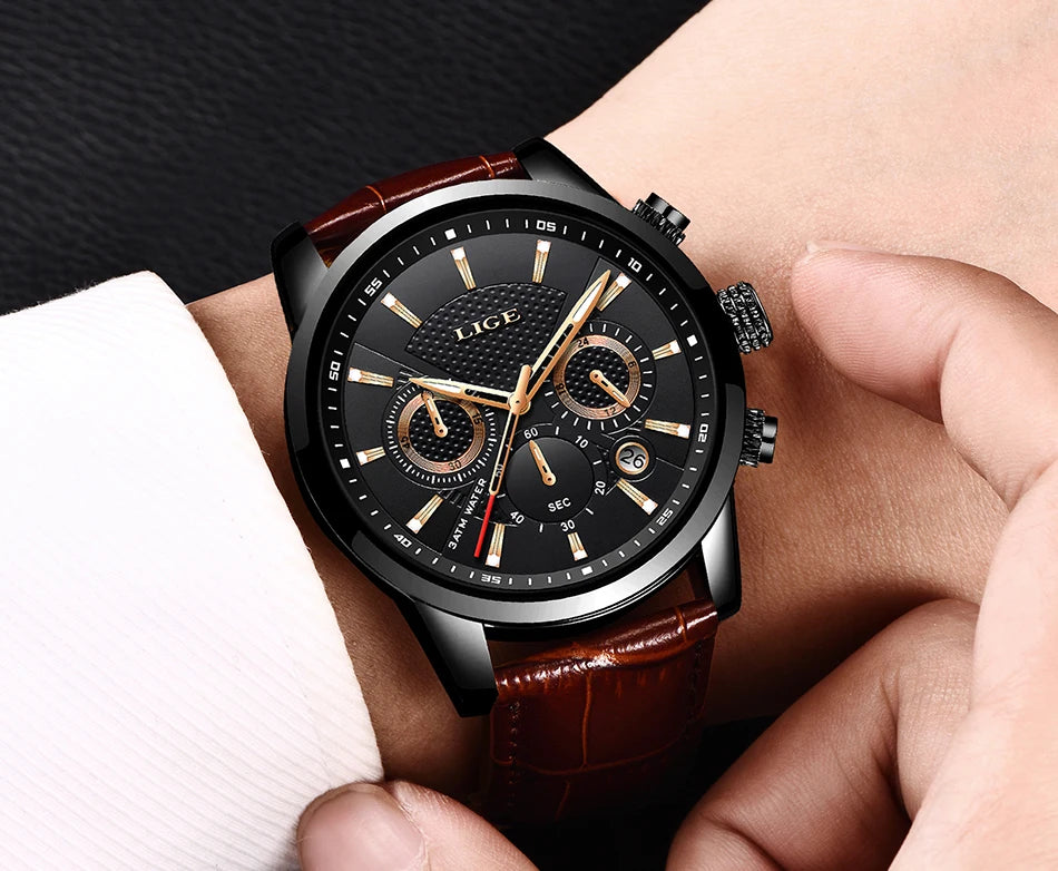 LIGE 2025 Luxury Chronograph – Quartz Movement, Moon Phase, Leather Strap, Sapphire-Coated Glass, 43mm Waterproof Dress Watch