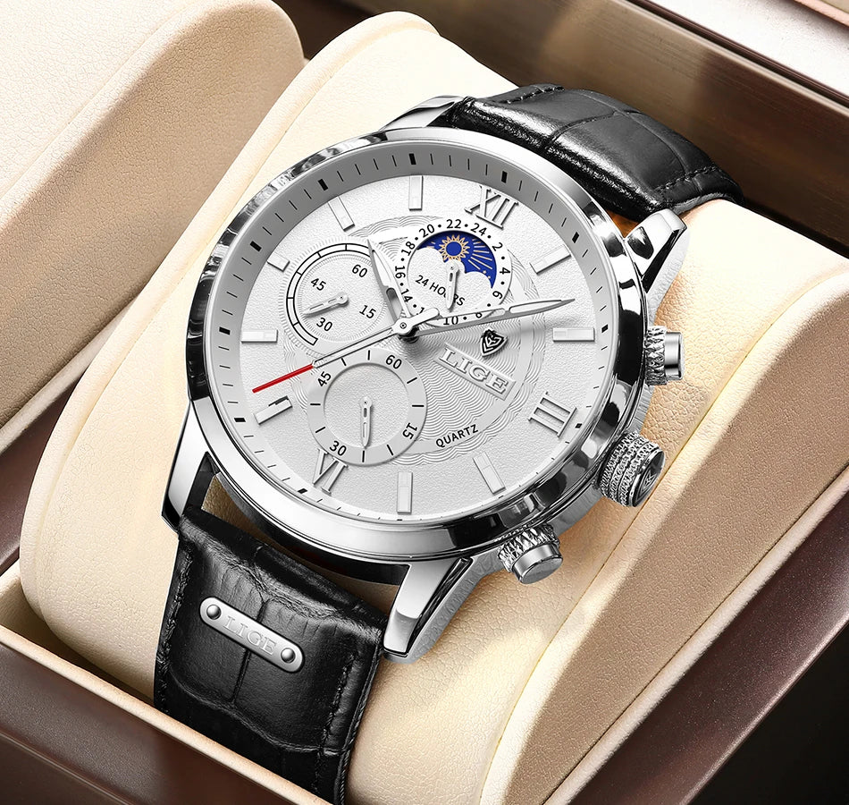 LIGE 2025 Luxury Chronograph – Quartz Movement, Moon Phase, Leather Strap, Sapphire-Coated Glass, 43mm Waterproof Dress Watch