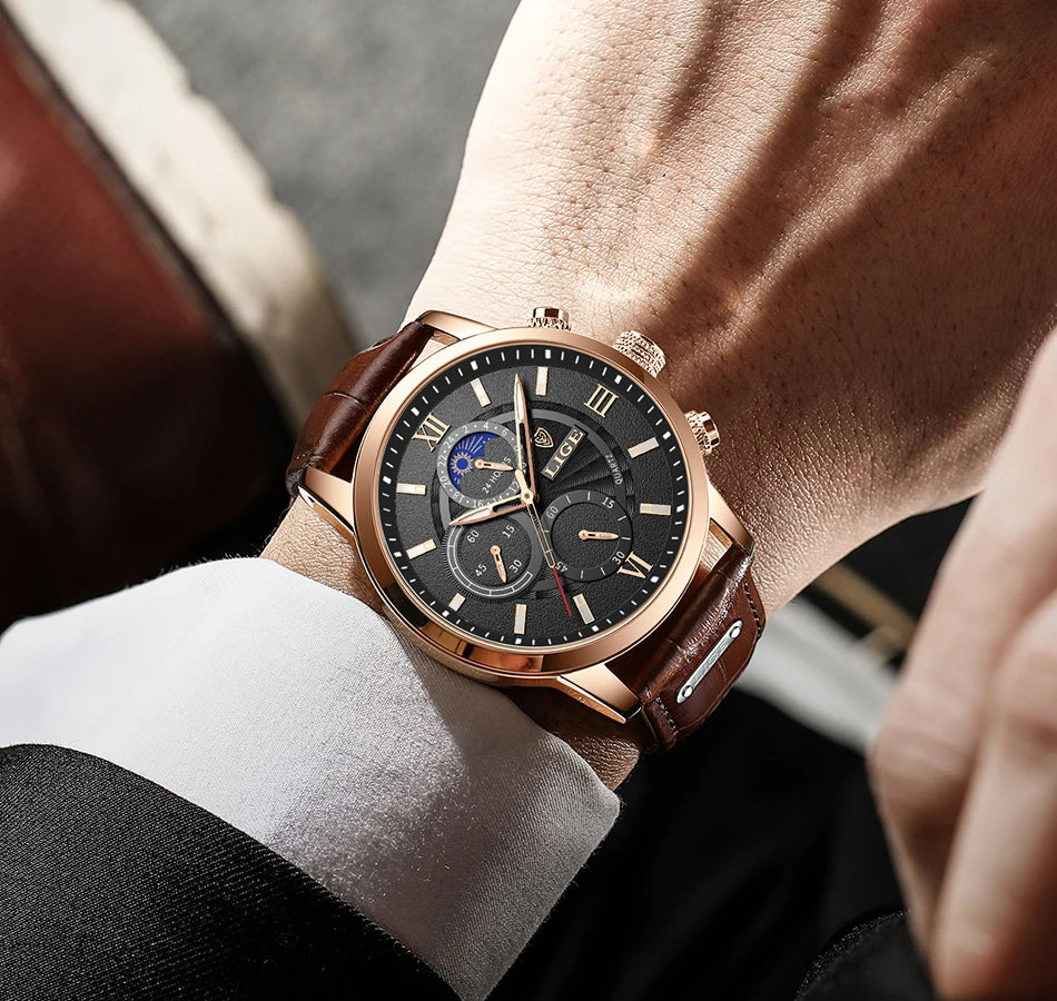 LIGE 2025 Luxury Chronograph – Quartz Movement, Moon Phase, Leather Strap, Sapphire-Coated Glass, 43mm Waterproof Dress Watch