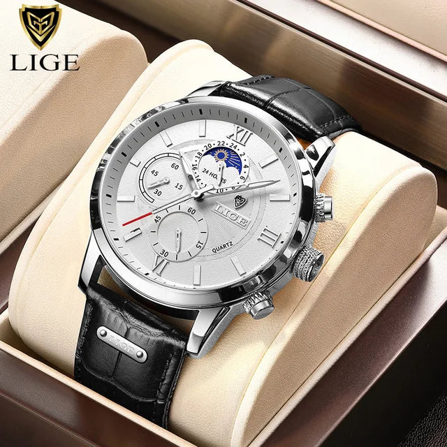 LIGE 2025 Luxury Chronograph – Quartz Movement, Moon Phase, Leather Strap, Sapphire-Coated Glass, 43mm Waterproof Dress Watch