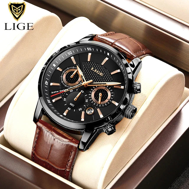 LIGE 2025 Luxury Chronograph – Quartz Movement, Moon Phase, Leather Strap, Sapphire-Coated Glass, 43mm Waterproof Dress Watch