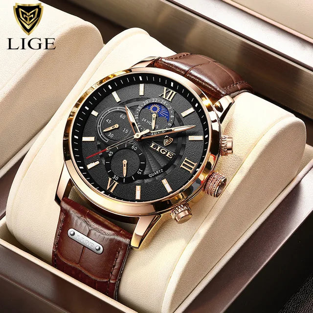 LIGE 2025 Luxury Chronograph – Quartz Movement, Moon Phase, Leather Strap, Sapphire-Coated Glass, 43mm Waterproof Dress Watch