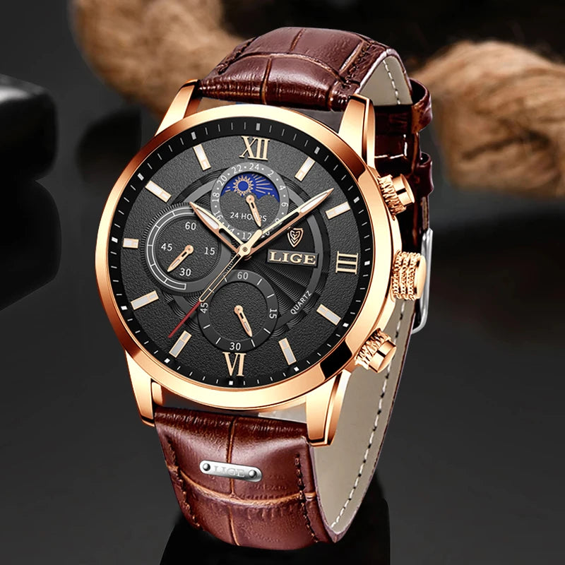 LIGE 2025 Luxury Chronograph – Quartz Movement, Moon Phase, Leather Strap, Sapphire-Coated Glass, 43mm Waterproof Dress Watch
