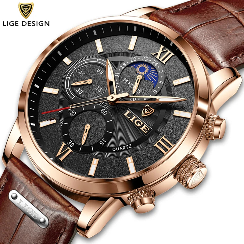 LIGE 2025 Luxury Chronograph – Quartz Movement, Moon Phase, Leather Strap, Sapphire-Coated Glass, 43mm Waterproof Dress Watch
