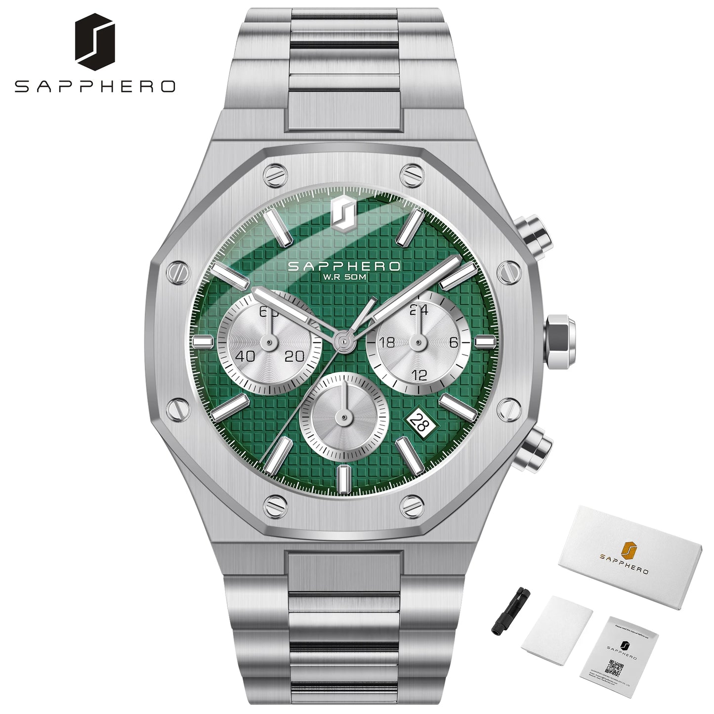 SAPPHERO Men's Watch Waterproof watch Chronograph function Date Glowing Hands Stainless Steel Watch Business  Watch For Men Gift