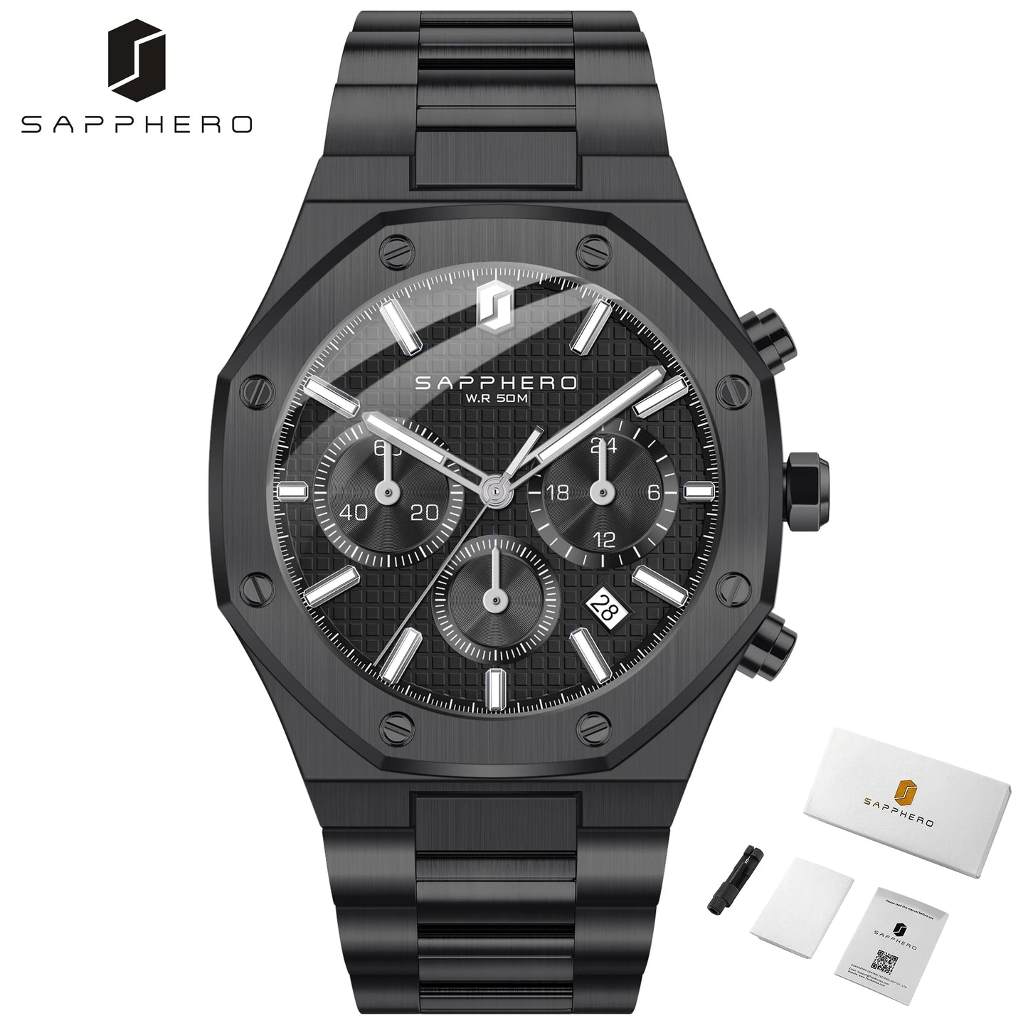 SAPPHERO Men's Watch Waterproof watch Chronograph function Date Glowing Hands Stainless Steel Watch Business  Watch For Men Gift