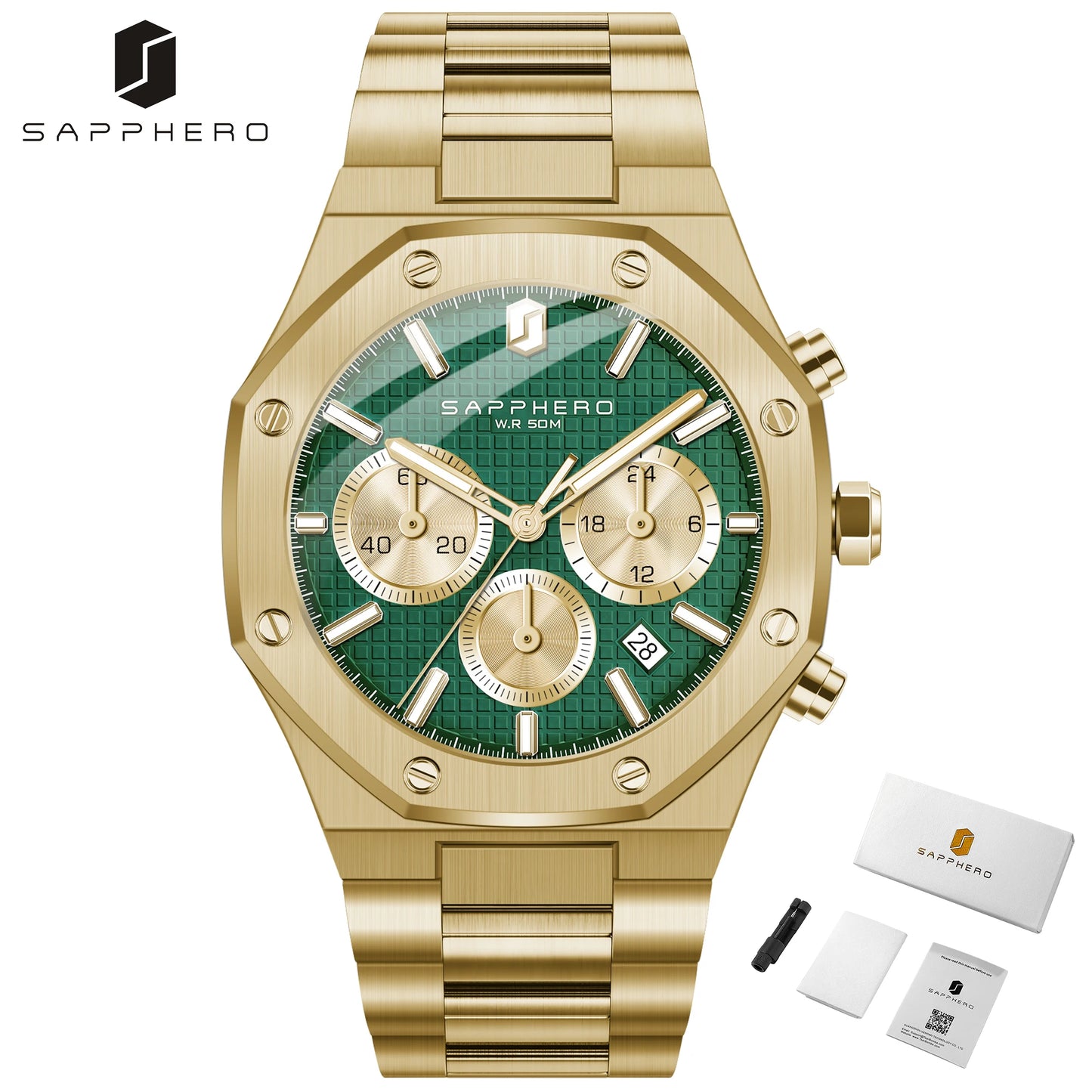 SAPPHERO Men's Watch Waterproof watch Chronograph function Date Glowing Hands Stainless Steel Watch Business  Watch For Men Gift