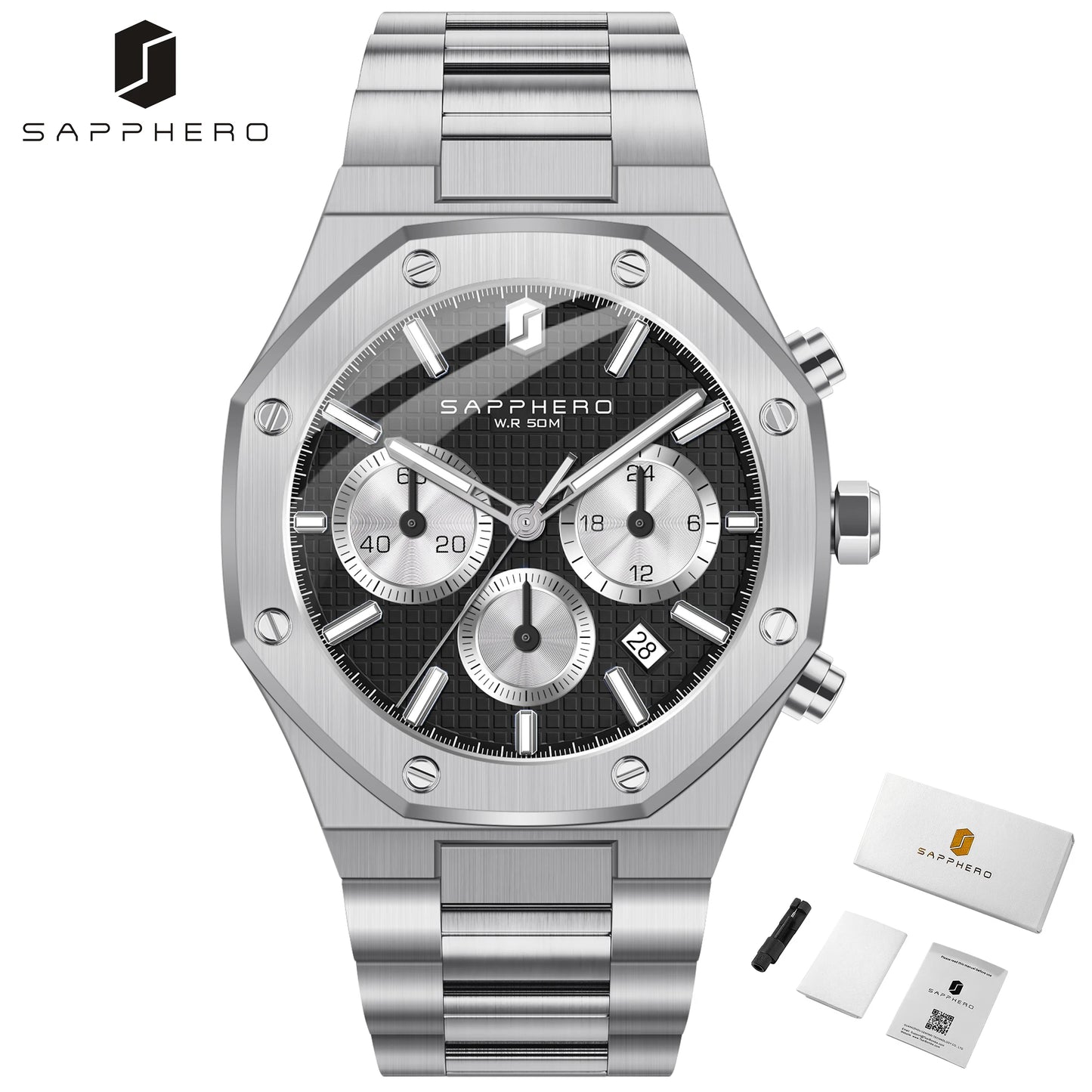 SAPPHERO Men's Watch Waterproof watch Chronograph function Date Glowing Hands Stainless Steel Watch Business  Watch For Men Gift