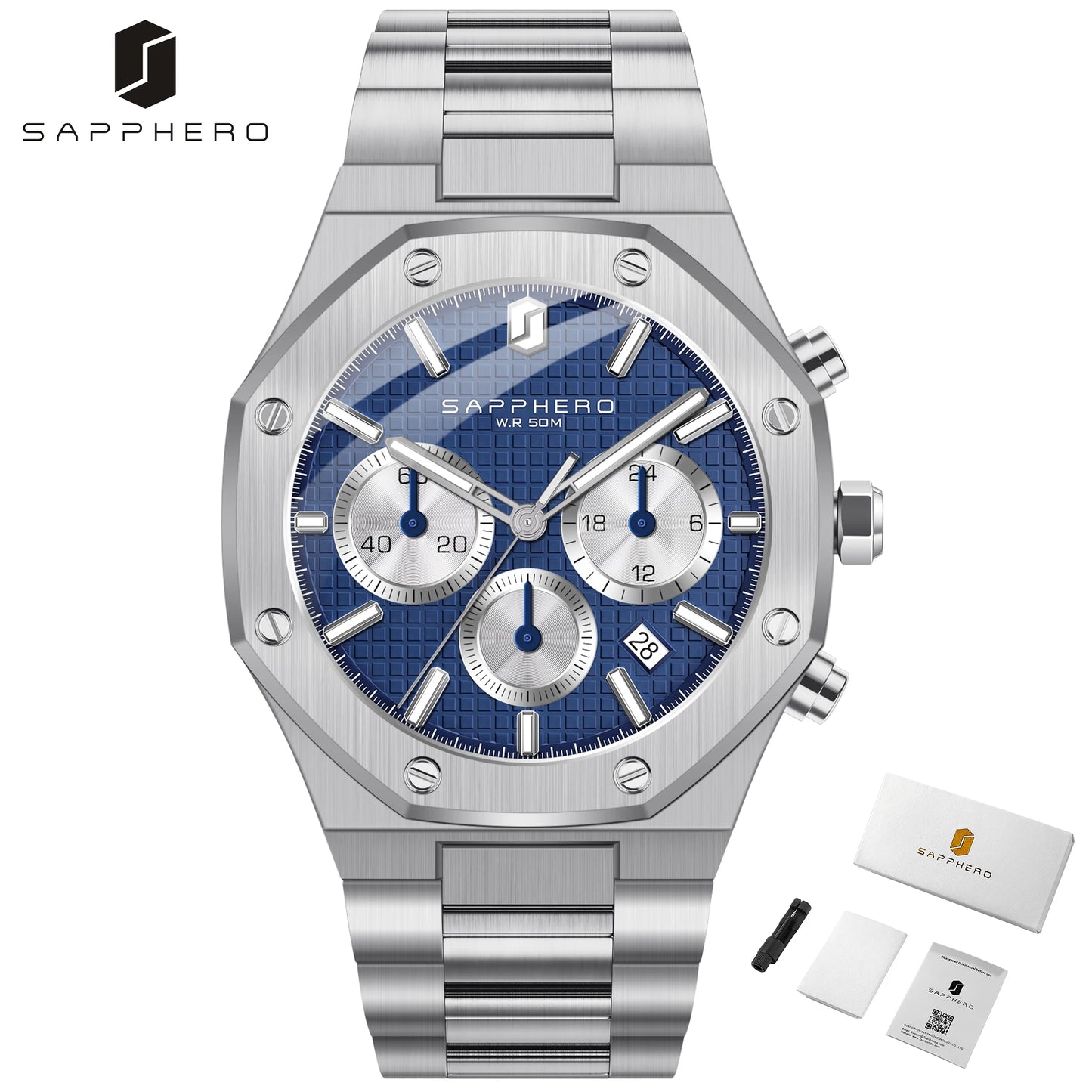 SAPPHERO Men's Watch Waterproof watch Chronograph function Date Glowing Hands Stainless Steel Watch Business  Watch For Men Gift
