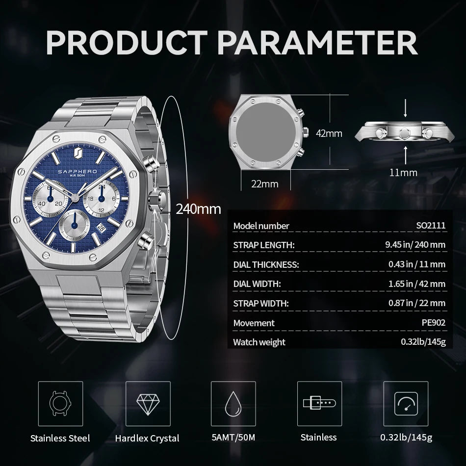 SAPPHERO Men's Watch Waterproof watch Chronograph function Date Glowing Hands Stainless Steel Watch Business  Watch For Men Gift