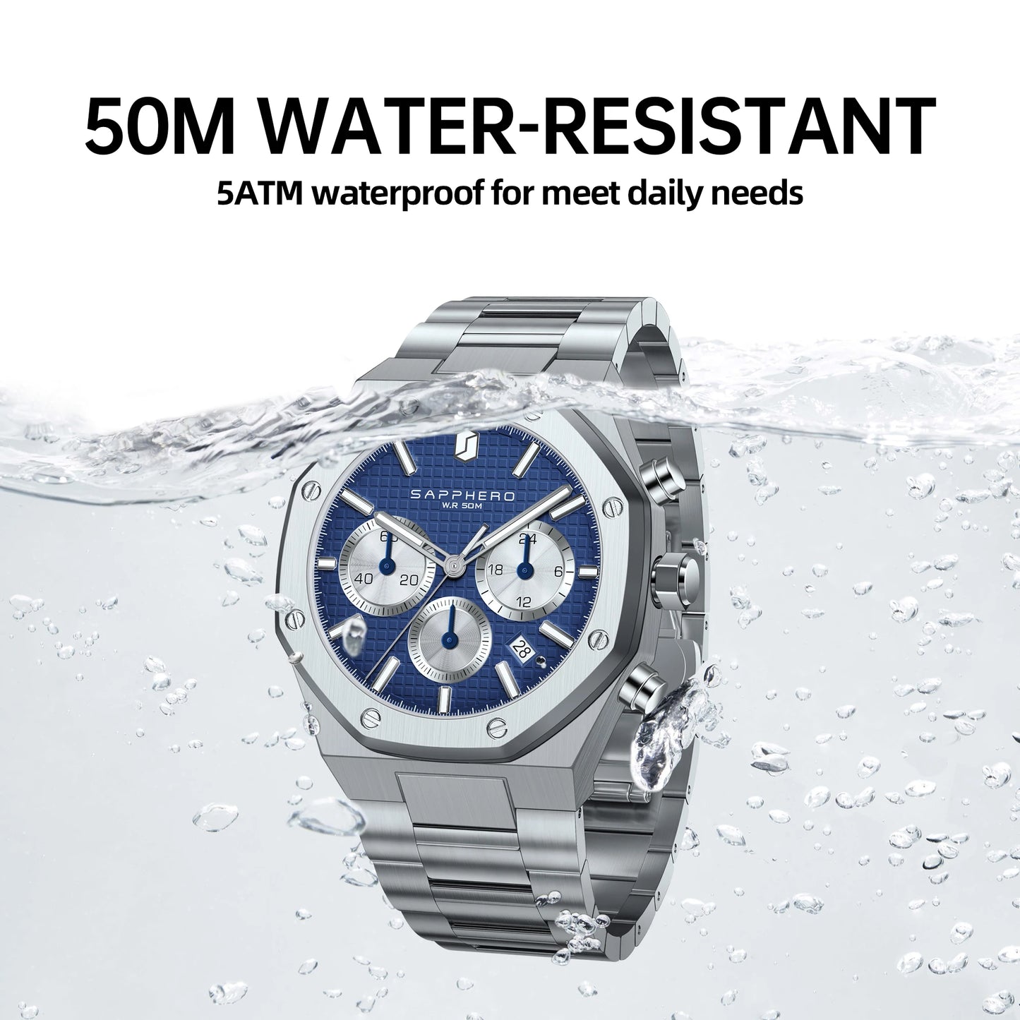 SAPPHERO Men's Watch Waterproof watch Chronograph function Date Glowing Hands Stainless Steel Watch Business  Watch For Men Gift