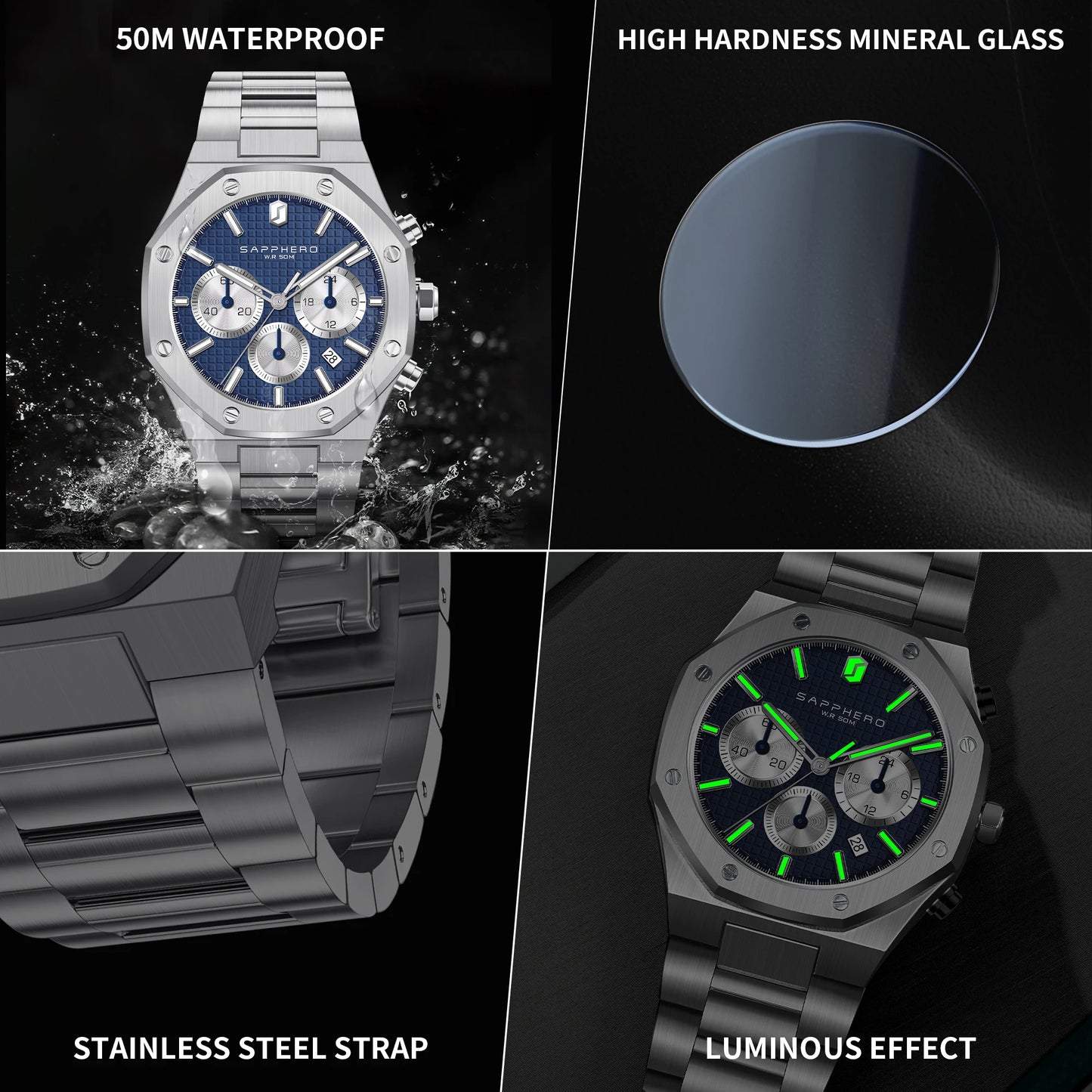 SAPPHERO Men's Watch Waterproof watch Chronograph function Date Glowing Hands Stainless Steel Watch Business  Watch For Men Gift