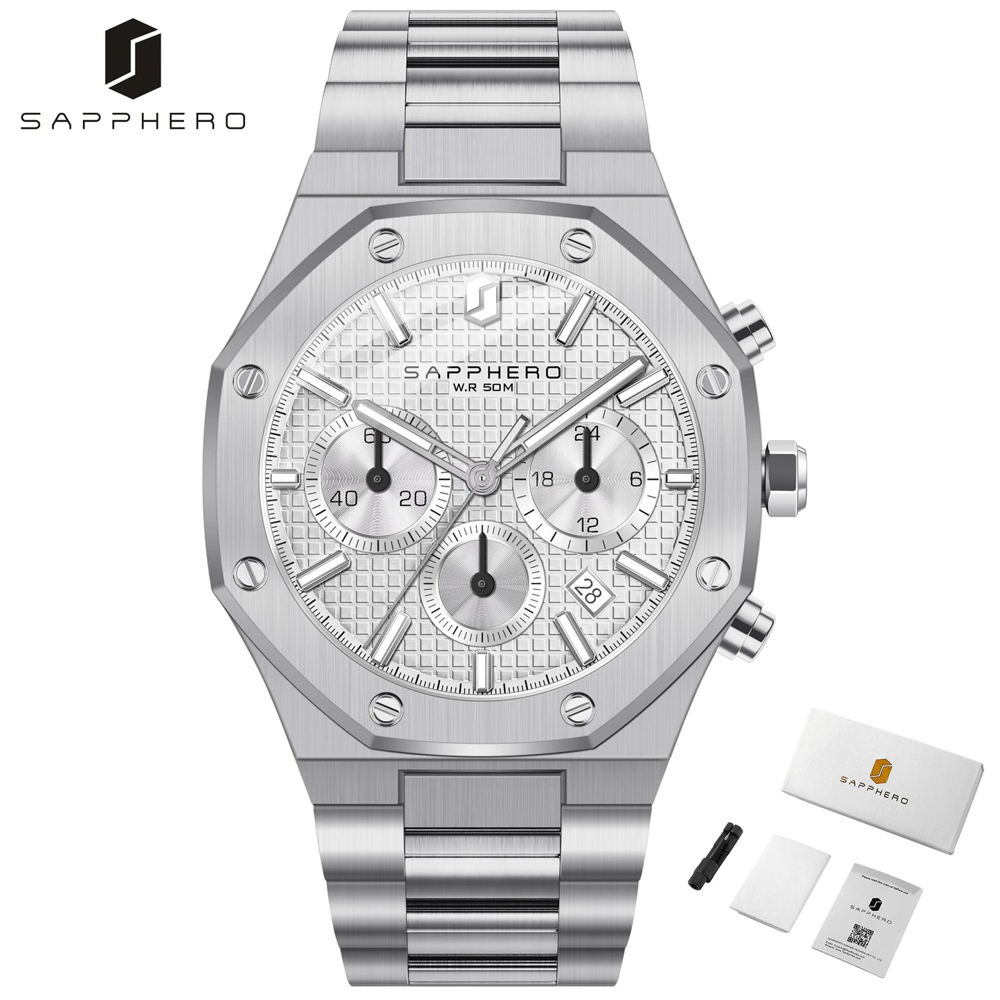 SAPPHERO Men's Watch Waterproof watch Chronograph function Date Glowing Hands Stainless Steel Watch Business  Watch For Men Gift
